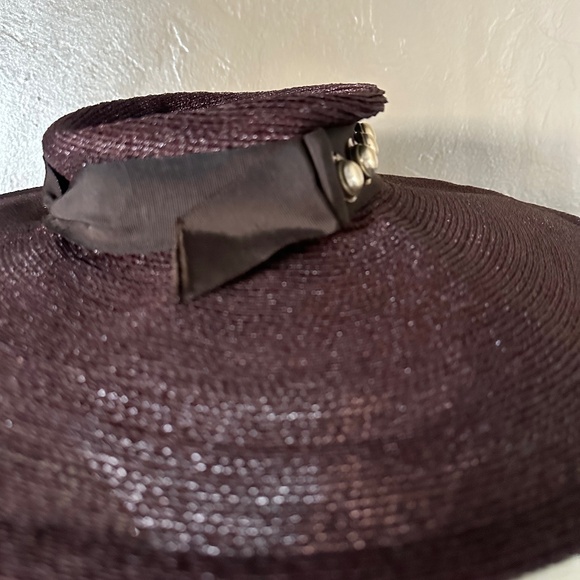 SUPERB 1940s\' BROWN STRAW TILT WIDE BRIM HAT WITH METAL STUDS main image 12